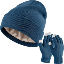 Muts en touchscreen handschoenen set voor dames en heren, unisex, gebreide wintermuts, schedelmuts, warme handschoenen met gebreide fleecevoering.