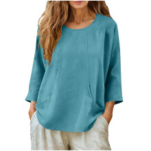 Camisetas de manga larga con cuello redondo para mujer de Kukoosong, corte holgado básico, de algodón y lino.