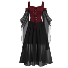 Dámske gotické stredoveké šaty čarodejnice, plus veľkosť renesančné cosplay vintage maxi šaty, retro šaty s dlhým rukávom, vínovo