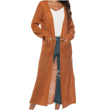 Gilet long en maille unie pour femme, style ample et décontracté, ouvert sur le devant et doté d'une poche, jaune.