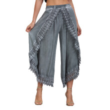 Dames harembroek, casual, effen, met kant, elastische taille, wijde pijpen, geschikt voor workouts en sporten.