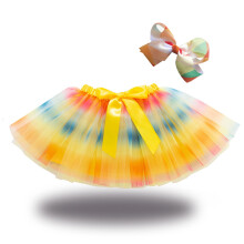 Mini spódniczka tutu dla małych dziewczynek, śliczna spódnica do tańca, tęczowa siateczka, cekiny, tiul, kokarda, spinka do włosów, żółta