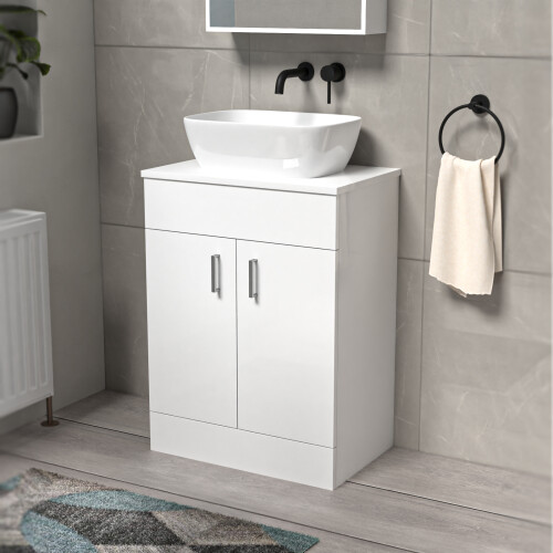 NES Home Nes Home White 600mm Bathroom Doors Vanity Unit Rounded Rectangle Basin