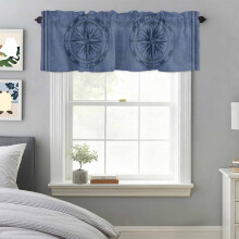 Cortina de varão com textura de bússola náutica, listrada em azul jeans, 107 x 46 cm, ideal para cozinha, quarto, banheiro e sala de estar.