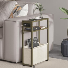 Groene bijzettafel met oplaadstation, smalle bijzettafels met linnenmand, smalle tafel voor kleine ruimtes, dun nachtkastje voor woonkamer, slaapkamer