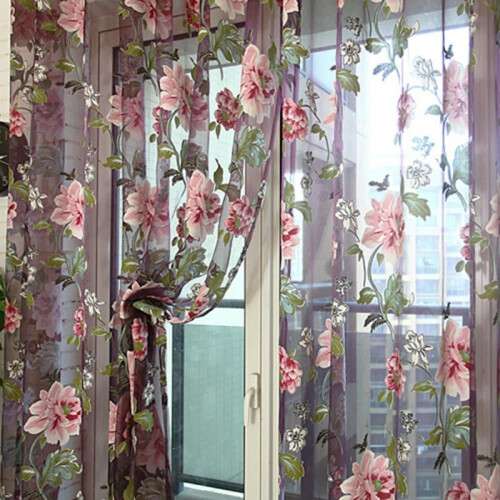 Cortina de tule voile floral transparente 78,74 x 39,37 polegadas, cor vinho, sem contas.