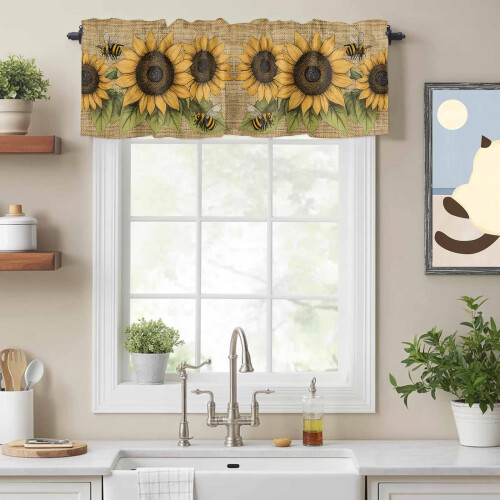 Ρετρό λινό βερνίκι Spring Sunflower Bee 54x18in, με τσέπη για κουρτινόξυλα, συμβατό με τυπικές 1