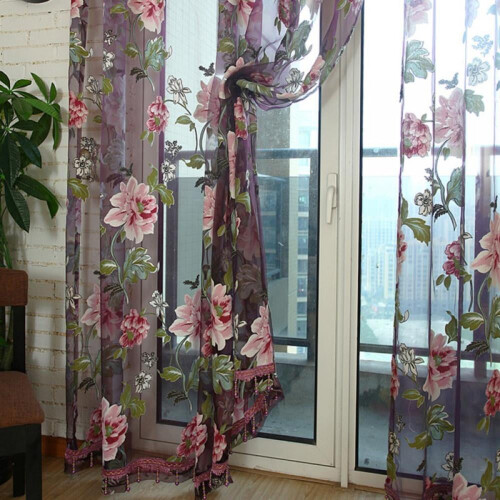 Cortina de tule voile floral transparente 78,74 x 39,37 polegadas, cor vinho, sem contas. 1