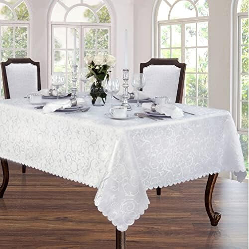 Scalloped Damask Tablecloth 60 x 84 Inch Ivory 2