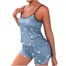 Dames zomerse pyjamaset met dunne bandjes, tanktop en short, hartjesprint, tweedelig, met elastische tailleband, verkrijgbaar in maat S t/m 3XL