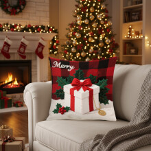 Almofada decorativa de Natal Orangide, 45x45 cm, com capa de tecido macio, estampa de boneco de neve e pinheiro.