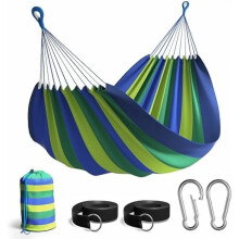 Brazilian Double Hammock – Extra-Long 2-Person Portable Hammock with Rope & Carry Pouch (Blue/Green Stripes)