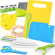 MARSEE 17 Piece Kitchen Toy Set with Safety Knives and Wooden Utensils for Kids 3 Years and Up