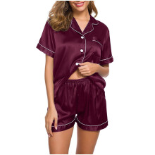 Pijama feminino de seda, manga curta, macio, acetinado, com botões, conjunto de 2 peças com shorts, roupa de dormir clássica para usar em casa.