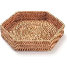 Sekskantet serveringsbakke i rattan til sofabord, vævet dekorativ kurvebakke til fodskammel, naturlig (21,7 x 4,8 cm)
