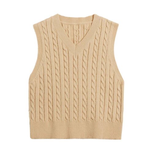 Damen-Strickweste mit V-Ausschnitt, einfarbig, klassisch, ärmellos, Herbst-Pullover/Khaki