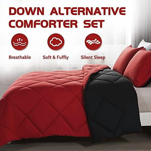 Lightweight Queen Comforter Set (3pcs) – Quilted Down Alternative Duvet Insert, All-Season, Red/Black 1