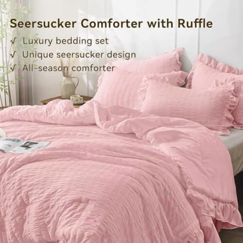 Pink Seersucker Queen Comforter Set 3-Piece 2