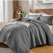 Juego de ropa de cama individual con edredón y funda de almohada, edredón ligero y suave con acabado vintage, rayas de microfibra cepillada, gris