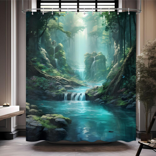 Cortina de chuveiro Floresta com Cachoeira 72x72 polegadas