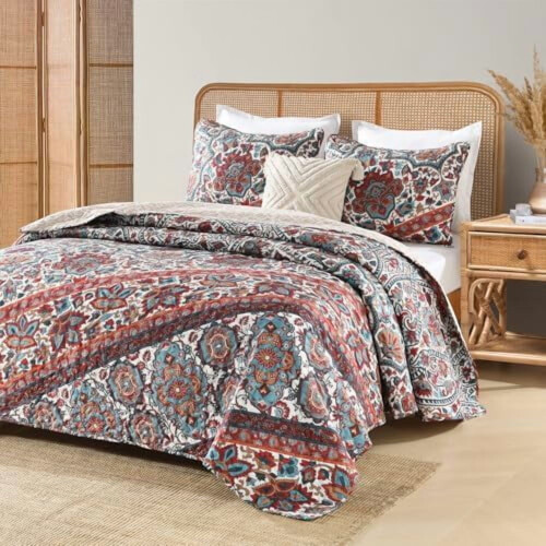 Boho Quilt King Size, Σετ Κλινοσκεπασμάτων με Άνοιγμα Μπροστά από Μποέμ Twill και Λωρίδες, 3 1