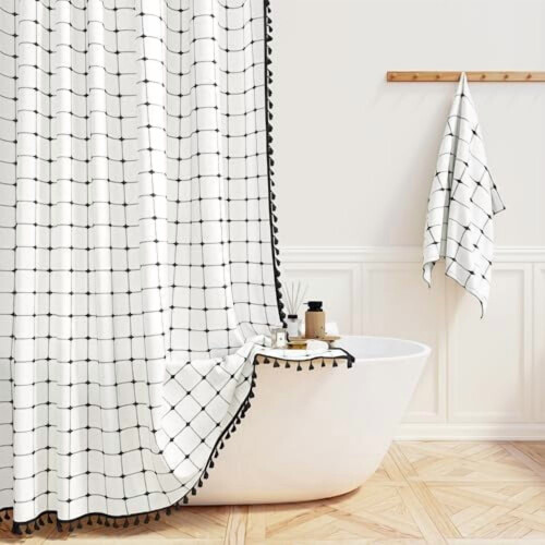 Boho linen shower curtain set 72x96 inch white black