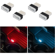 Set van 4 USB LED-autolampen voor het interieur, sfeerverlichting met stekker, compatibel met de meeste auto's (2 rode + 2 ijsblauwe)