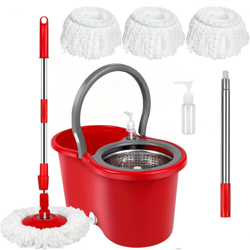 Conjunto de balde e esfregão giratório 360 com 3 cabeças de microfibra, para uso seco e úmido, com separação de água suja, compatível com