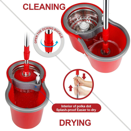 Conjunto de balde e esfregão giratório 360 com 3 cabeças de microfibra, para uso seco e úmido, com separação de água suja, compatível com 1
