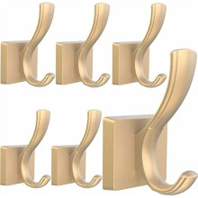 Crochets muraux dorés (lot de 6) – Crochets doubles robustes pour clés, peignoirs, chapeaux, serviettes – Compatibles avec les murs standards