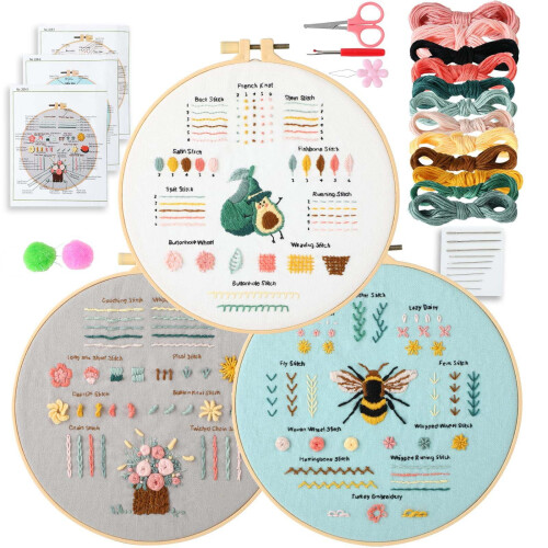 Embroidery Kit for Beginners: 3 Stamped Patterns, Hoop, Needles, Threads & Video Guide – Compatible with All Basic Tools