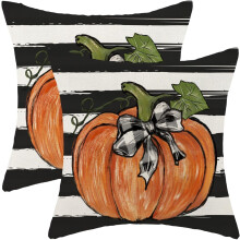Housses de coussin d'automne 45 x 45 cm, lot de 2, motif citrouille et feuilles d'érable, lin, compatibles avec les coussins standard 45 x 45 cm