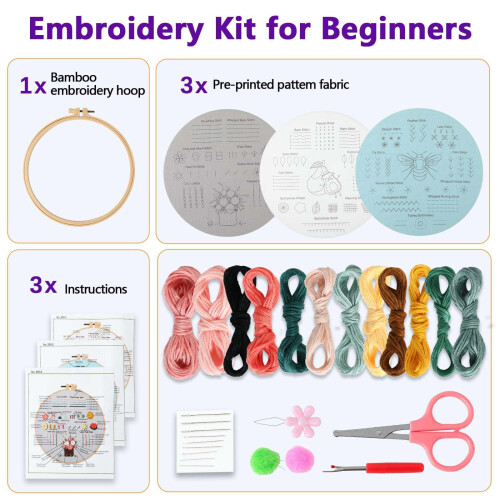 Embroidery Kit for Beginners: 3 Stamped Patterns, Hoop, Needles, Threads & Video Guide – Compatible with All Basic Tools 1
