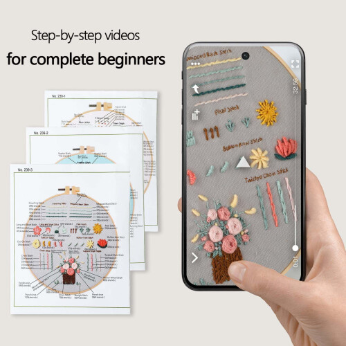 Embroidery Kit for Beginners: 3 Stamped Patterns, Hoop, Needles, Threads & Video Guide – Compatible with All Basic Tools 2