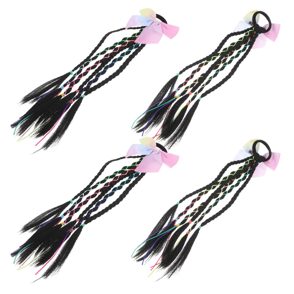 Solustre Unisex Black 12Pcs Clip-In Kids Braided Ponytail Hair Extensions With Bowknot
