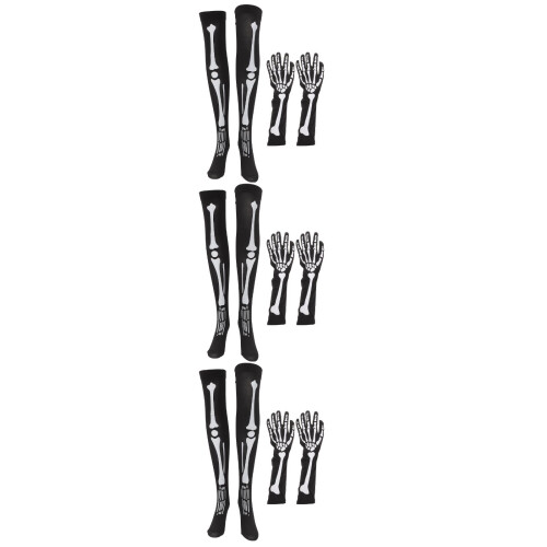 3Sets Halloween Skeleton Long Socks and Gloves Assorted Colors Elastic 1