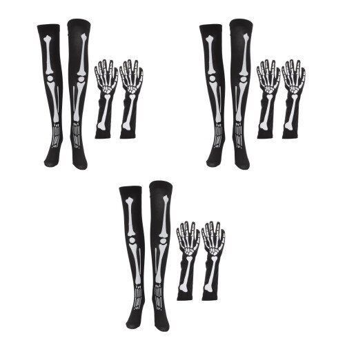 3Sets Halloween Skeleton Long Socks and Gloves Assorted Colors Elastic 2