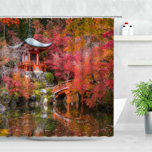 Duschvorhang, Badezimmer, wasserdicht, Landschaft, natürliches Wasser, Pavillon, Brücke, Bogen, Ahorn, Rot, Duschvorhänge, Herbstlandschaft