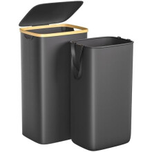 Cesto de roupa suja grande de 100 litros à prova d'água com tampa e saco removível, cesto alto dobrável com alças de bambu, preto –