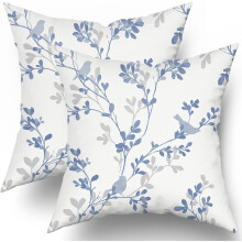 Blågrå lövgrenar i jacquard, örngott, 40x40 cm, set med 2, fågel- och lövdesign, kompatibel med vanliga fyrkantiga kuddar