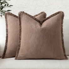 Set med 2 örngott i neutralt linne, 50x50 cm, mörk kaffe, bohemisk lantlig stil med fransar och tofsar – kompatibelt med standardinlägg