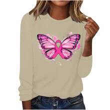 Blusa de algodón beige de manga larga para mujer, verano 2024. Blusa de manga larga con cuello redondo y estampado gráfico de cáncer de mama para