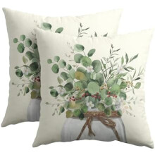 Fodere per cuscini decorativi con foglie di eucalipto 22x22", 2 pezzi, verde salvia e fiori bianchi, cotone e lino, arredamento rustico - compatibili