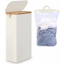 Slanke opvouwbare wasmand met deksel, 63 liter hoge smalle wasmand voor kleding, beige, compatibel met EF-63Beige