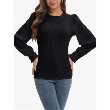 Blusas túnicas femininas de outono com mangas bufantes compridas, gola redonda plissada, estilo casual e folgado.