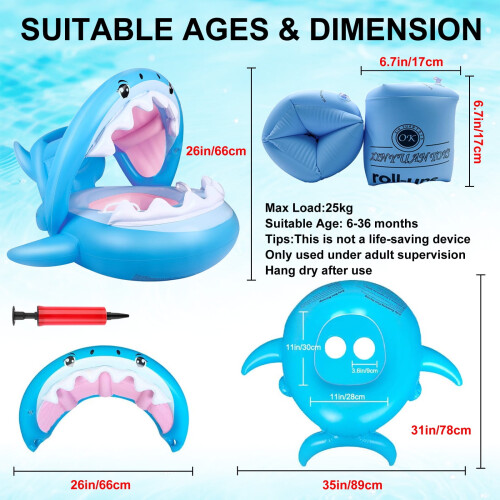 Φουσκωτό Baby Shark με τέντα - Φουσκωτό φουσκωτό πισίνας για νήπια 6-36 μηνών, δακτύλιος 2