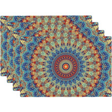 Sada 4 prostírání Boho, 30x45 cm, barevné lněné prostírání s mandalou – pratelné, vhodné do interiéru i exteriéru, vhodné k