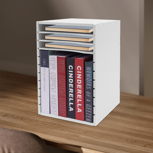 Documentenorganizer, dossierhouder, papieropbergrek met 11 vakken, wit.