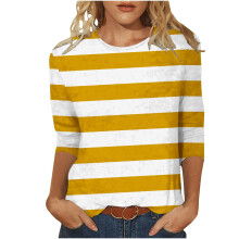 Damen-Tops mit 3/4-Ärmeln, Rundhalsausschnitt, Streifenmuster, Freizeit-Tops