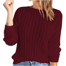 Roupas de Outono Femininas Casuais Soltas Lisas Manga Longa Vazada Tricô Gola Redonda Suéter Túnica Liquidação